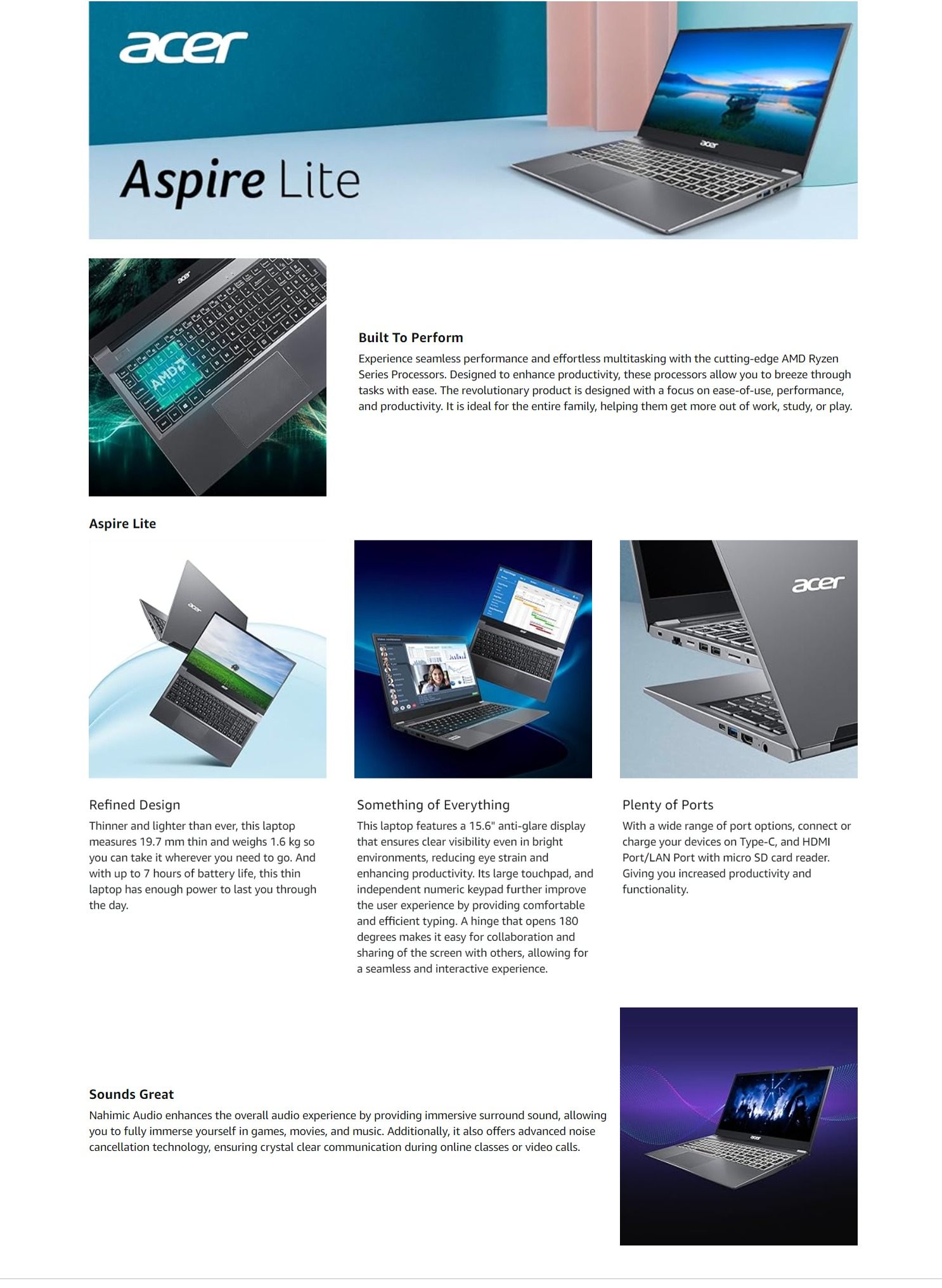 軽いゲームまでならOK！ Laptops :: Acer Laptop :: Acer Aspire Lite | AMD Ryzen 7 | Octa